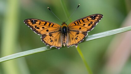 Obraz premium A vibrant orange butterfly perched on a green blade of grass.