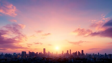 Fototapeta premium A vibrant sunset over a city skyline with colorful clouds.