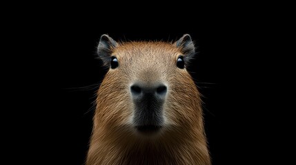 Close-up of a capybara face against a black background.