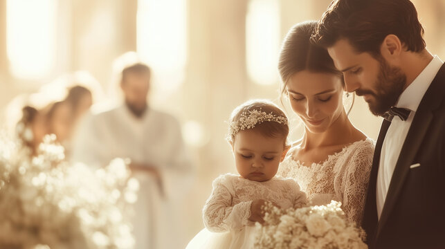 A bride and groom lovingly hold their child adorned with a floral headband during an intimate wedding ceremony in a beautifully decorated church filled with soft light and elegant floral arrangements.