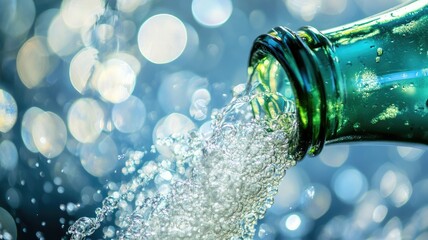 Refreshing sparkling water being poured from green glass bottle