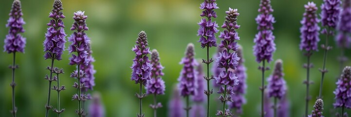 Fototapeta premium Tall, purple flowers with a blurred green background, wildflowers, background blur, nature