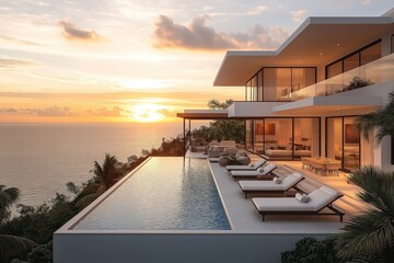 Fototapeta premium Luxury beachfront villa with infinity pool. Modern white villa large windows. Relaxing atmosphere, enjoying sunset over calm turquoise sea. Vacation home hotel, featuring private infinity pool on