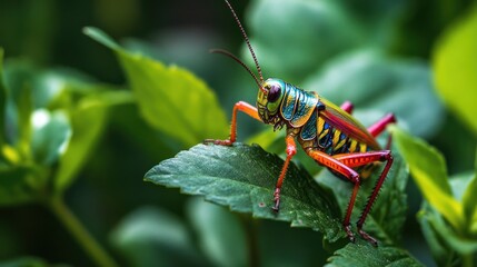 Naklejka premium Vibrant colorful grasshopper perched on a green leaf in a lush, tropical setting.