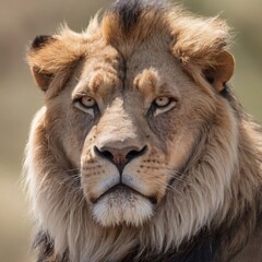 Portrait of a lion, an African predator of the feline family of mammals. The animal is large with a...