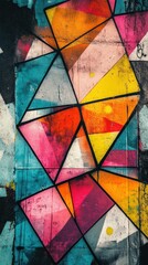 Abstract geometric mural; vibrant, textured, multicolored triangles.