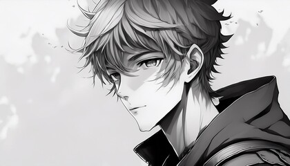 A youthful anime character with a striking monochrome aesthetic, featuring a strong and defined facial structure, sleek black hair, and an expression that exudes quiet confidence.