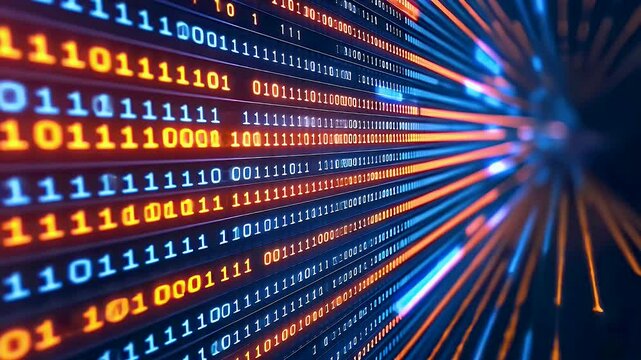 Vibrant digital data background with binary code in blue and orange hues, showcasing motion and technology for abstract tech theme.