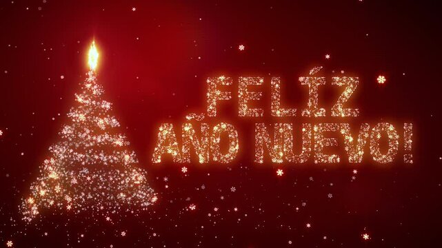 FELIZ ANO NUEVO. Christmas background with bright snow. Background with the words Happy New Year in different languages. Spanish version. Loopable. 