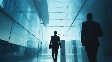 Obraz premium Two business people walking in a modern glass hallway.