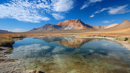 Obraz premium open-pit mine with water pools, revealing vibrant mineral layers and massive scale. A visual metaphor for industrial impact, environmental transformation, and natural resource extraction