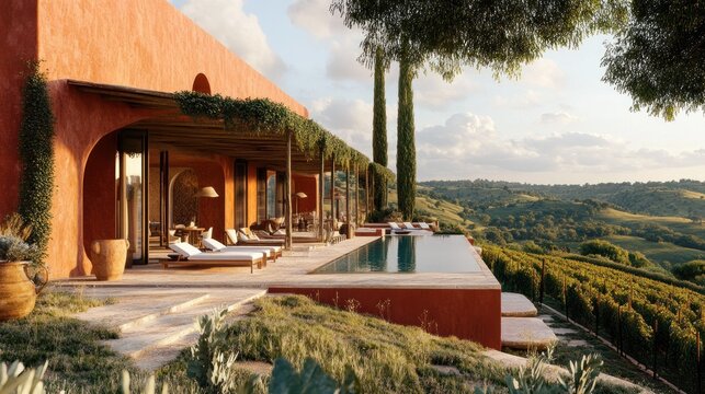 Tuscany-inspired luxury hotel, rolling hills, vineyards, terracotta walls, rustic charm,