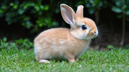 Fototapeta premium Adorable baby bunny sitting on green grass.