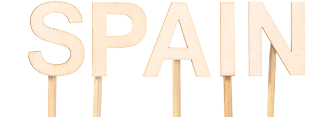 Rustic wooden letters composing the name of Spain in a clean way. European countries.