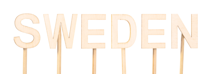 Rustic decoration with the name Sweden made in wood.