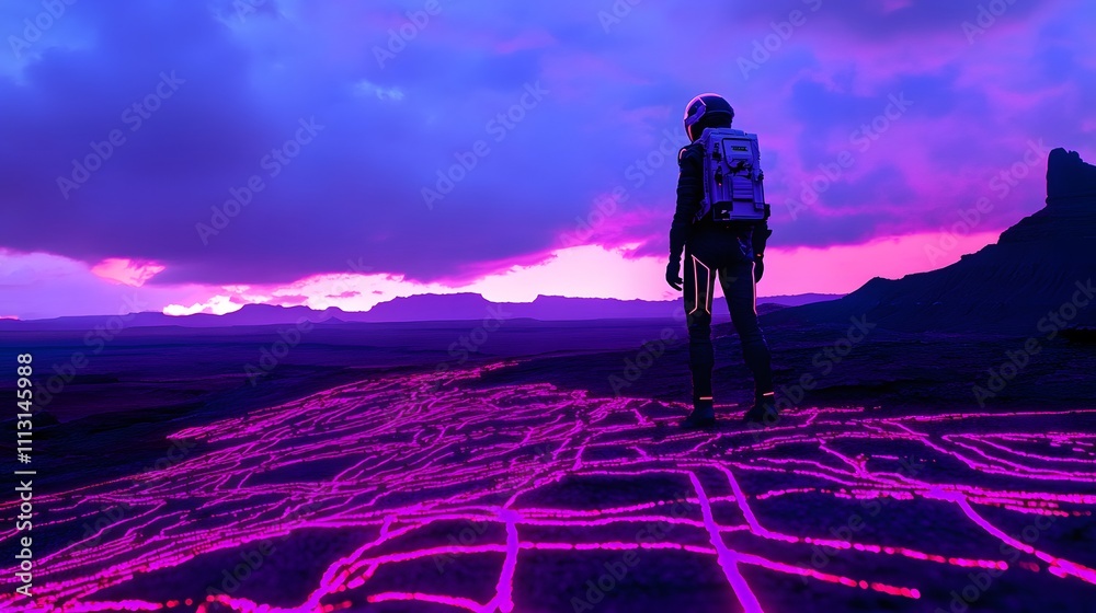 Poster Astronauts documenting symmetrical glowing lines forming intricate patterns on an alien plain.
