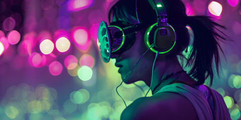 Fototapeta premium A person wearing futuristic headphones against a vibrant, colorful background.