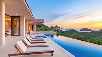 Fototapeta premium Luxury Poolside with Infinity Pool and Sunset View