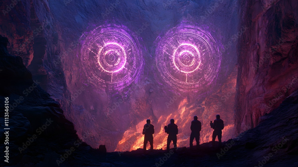 Poster astronauts scanning glowing alien glyphs arranged in symmetrical formations on canyon walls.