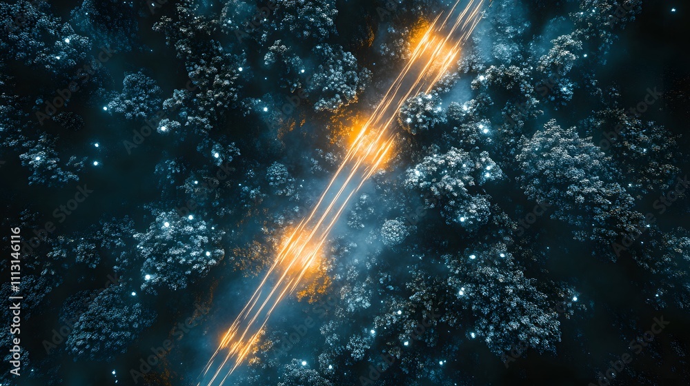 Poster aerial perspective of astronauts navigating glowing symmetrical trails through an alien jungle.