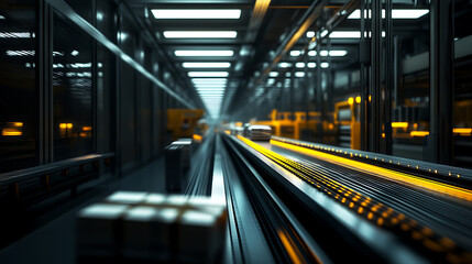 Obraz premium Futuristic automated factory conveyor system transporting packages.