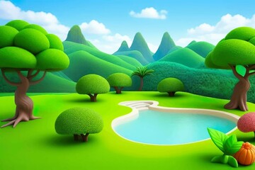 Naklejka premium Beautiful and Peaceful Nature Scenery Illustration Landscape Countryside Tranquil Vibrant and Colorful
