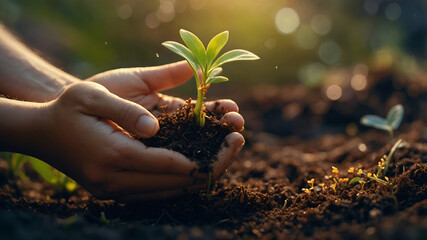 Concept of touching plants growing again, hope for earth day