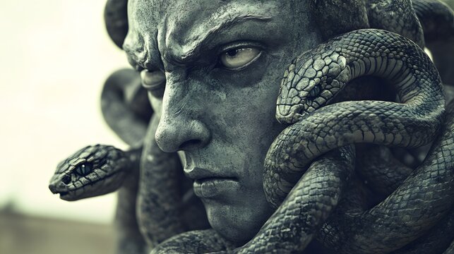 A realistic image of a gorgon turning to gaze at a statue frozen in fear, her snakes writhing calmly.