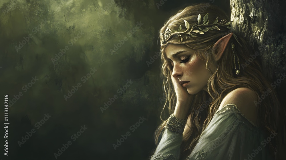 Aufkleber A clean portrait of a dryad leaning gently against a smooth tree trunk, her features subtle but distinct in the soft light.