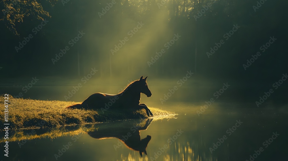 Aufkleber a minimalist view of a kelpie lying on the banks of a calm, reflective lake, its form softly glowing