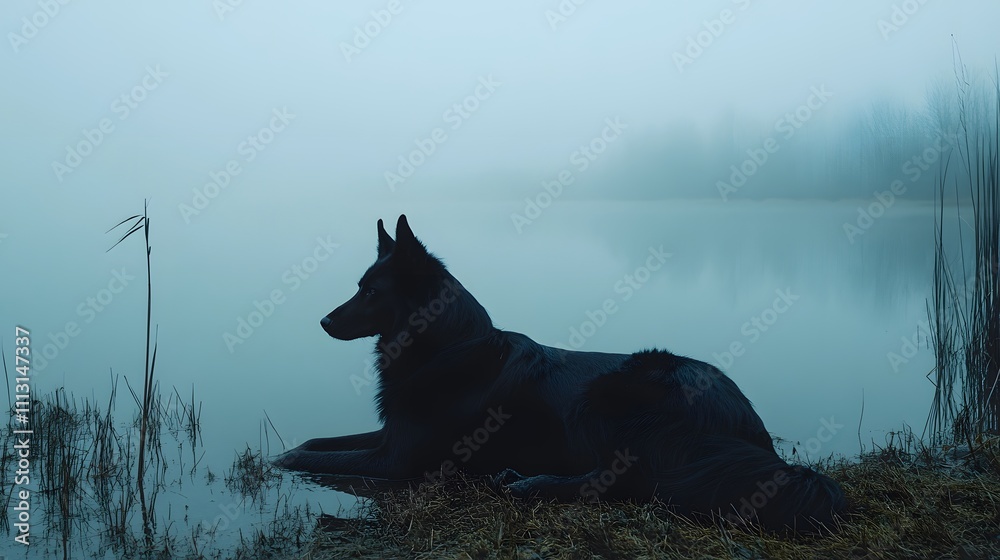Aufkleber a minimalist view of a kelpie lying on the banks of a calm, reflective lake, its form softly glowing