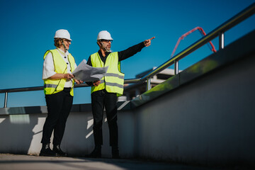 Two architects in safety gear converse while examining blueprints at a construction site,...