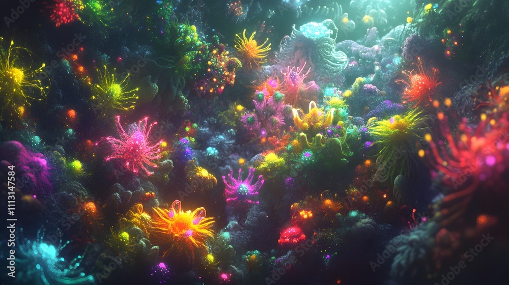 Poster Aerial view of astronauts navigating a luminous alien jungle, with symmetrical clusters of glowing flora.