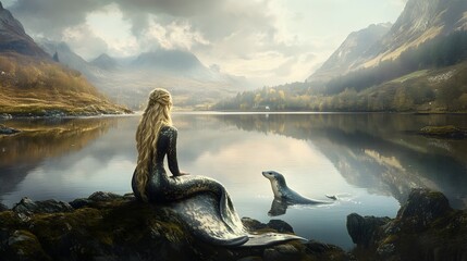 A neutral composition of a selkie gazing out over a calm, reflective lake, her seal skin draped gently across her lap.