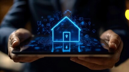 Professional holding tablet displaying digital house concept in modern office environment