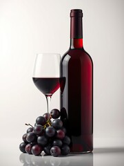 Obraz premium A bottle of red wine with a few grapes on the side and a wine glass leaning against it, fine dining setup, red wine, evening table setting
