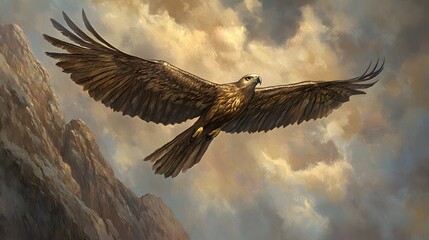 Fototapeta premium A close-up of a harpy soaring over jagged cliffs, her wings outstretched against the dramatic sky.