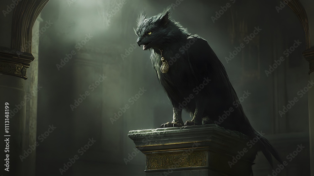 Aufkleber a clean composition of a griffin perched on a stone pedestal, its sharp features illuminated by a so