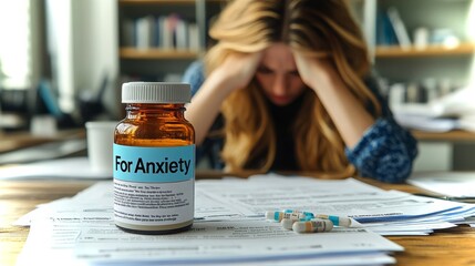 Person sitting at a desk with anxiety medication surrounded by paperwork and focus on stress