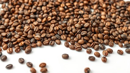 Fototapeta premium A cluster of coffee beans arranged in a random pattern on a white background, arrangement, product, coffee packaging