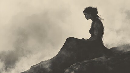 Naklejka premium A neutral-toned portrait of a banshee quietly seated on a smooth rock, her face framed by soft mist.