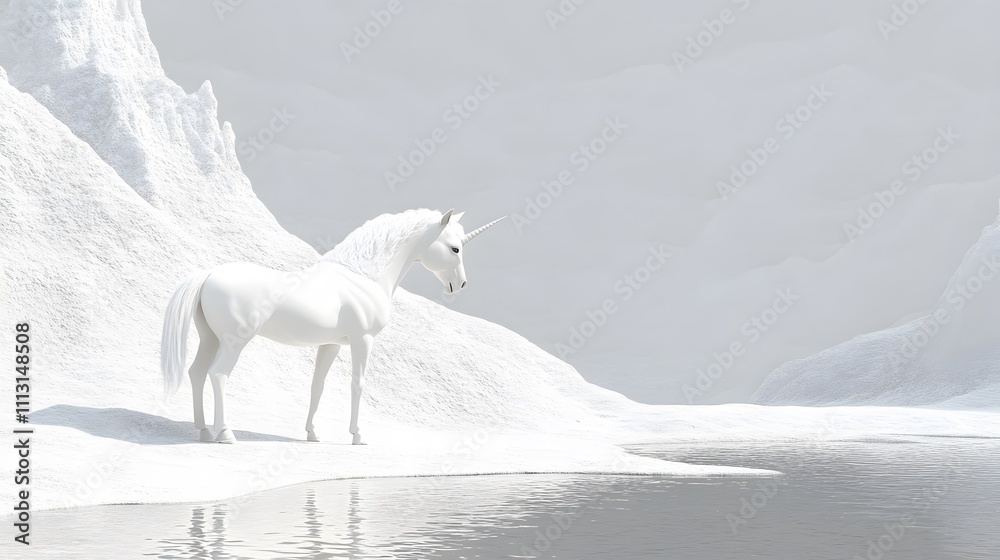 Leinwandbilder A minimalist view of a unicorn standing at the edge of a reflective pool, its horn faintly glowing in the soft light.