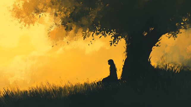 A minimalist composition of a dryad kneeling at the base of a tree, her face turned upward toward soft, diffused light.