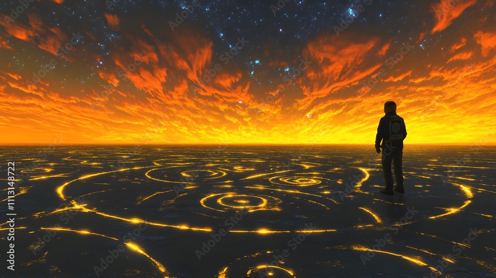 Poster Astronauts inspecting symmetrical glowing patterns etched into a flat alien plain under a vibrant sky.