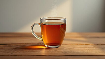 A delicate black tea steeping in a clear glass cup on a wooden table, cozy atmosphere, china, ceramics