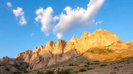 Fototapeta premium Golden mountains under a blue sky with wispy clouds.