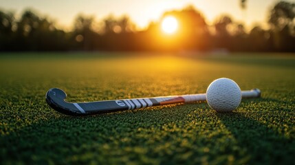 a close up photo of an field hockey stick laying on the green grass with ball beside it