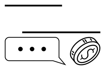 Speech bubble with ellipsis next to a coin, symbolizing financial conversations. Ideal for finance, banking, ecommerce, business communication, economics, customer support advisory services. Line