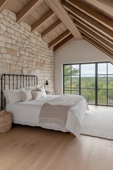 A large bed with a white comforter and pillows