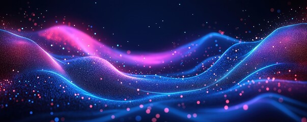 Obraz premium Abstract tech background with vibrant glowing lines, dots. Dynamic flow of digital energy. Modern, futuristic design. Perfect for tech posters website banners, product. Colorful wavy forms create